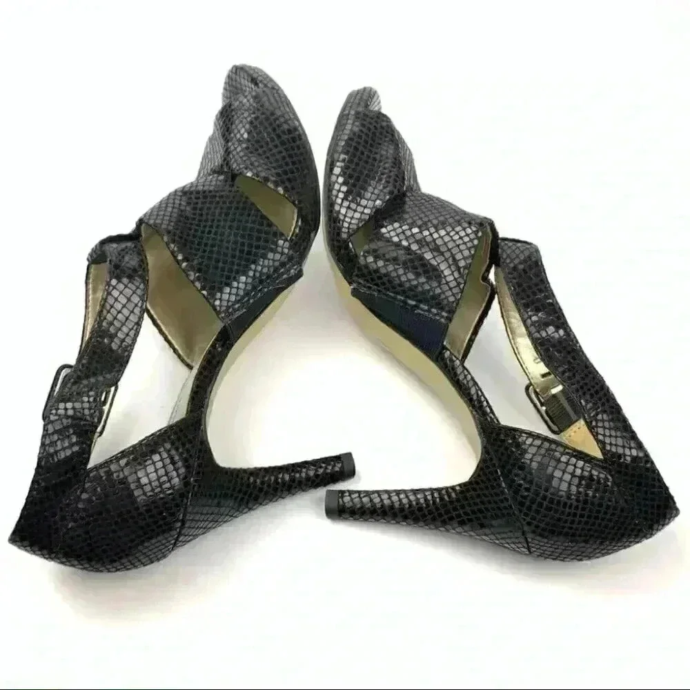 Anne Klein Akouray heels sz 8.5 black leather snakeskin print Dorsay platforms